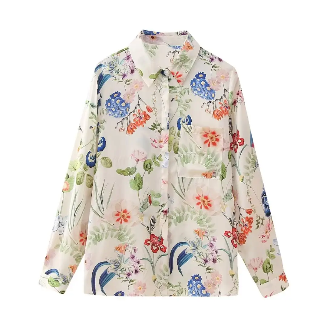 Blusa feminina de cetim com estampa floral, blusa vintage de manga comprida com botões e bolsos, camisas casuais femininas de férias, top chique, novidade da moda verão