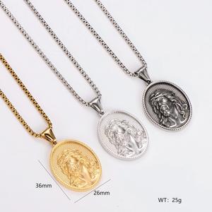 Bijoux religieux, acier inoxydable anti-ternissement, plaqué or 18 carats, pendentif ovale rétro en forme de Jésus, collier - Product Image 4