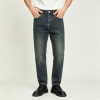 Jean bleu marine pour homme, denim foncé délavé, coupe slim droite, cinq poches, pantalon décontracté, fabricant OEM sur mesure