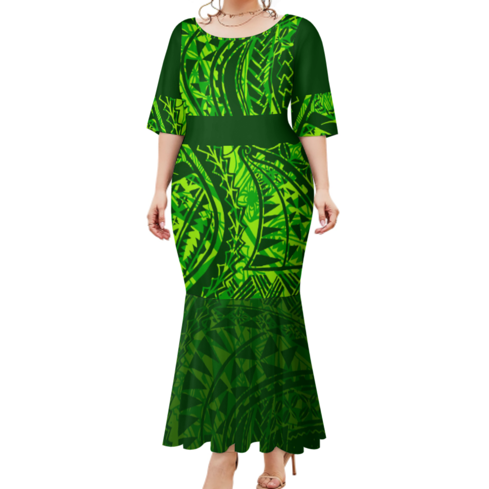 2023 Hot Sales Lady Dresses Polynesian Samoan Tribal Pattern Design Casual Fishtail Dress Big People Maxi Dresses