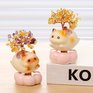 Cute Cat <b>Crystal</b> Money <b>Tree</b> Resin Ornament Pumpkin Shape Office Desk Decor Gift - Product Image 3