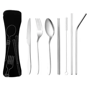 Juego de utensilios portátiles de viaje de acero inoxidable para acampar, cuchillo, tenedor, cuchara, palillos, cepillo de paja, juego de cubiertos con bolsa