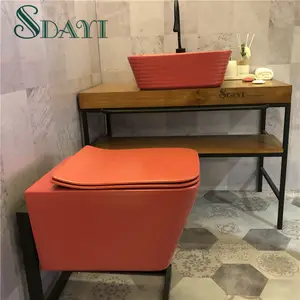 Keramik im japanischen Stil WC Wandbehang Toilette Randlose Wand quadratische Toilette Sitz Bad matt rot Farbe Wandbehang Toilette