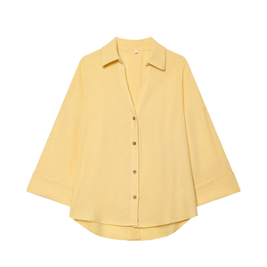 <span class=keywords><strong>Blusa</strong></span> de Algodón Básica para Mujer, Corte Holgado, Color Sólido, Cierre de Botones, <span class=keywords><strong>Manga</strong></span> Ancha, Cuello Camisero - Product Image 1