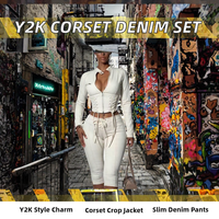 Ensemble 2 pièces KY Y2K pour femme : veste en jean brodée et short capri moulant, avec lacets, coupe courte et ourlet brut, style streetwear coordonné