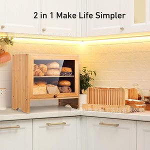 Boîte de rangement pour pain en bambou, grande capacité, récipient alimentaire de cuisine avec trancheuse pour articles de boulangerie - Product Image 1