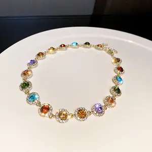 Beautiful Colorful Round Diamond Necklace Trendy Multicolor Crystal Rhinestone Choker Necklace For Girls