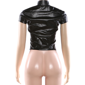 Top Corto in PU da Donna, Collo Alto, Chiusura Monopetto, Sexy, Tinta Unita, Stile Gotico <span class=keywords><strong>Punk</strong></span>, <span class=keywords><strong>T</strong></span>-Shirt Aderente - Product Image 5
