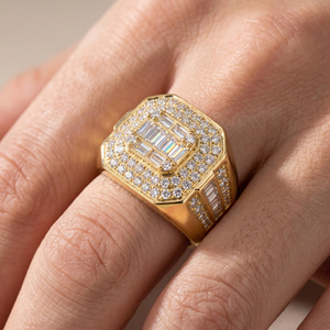 Luxury 14K Solid Gold Cocktail <b>Ring</b> With Baguette Cut Diamonds Pave Setting Geometric Design <b>Men's</b> Jewelry - Product Image 4