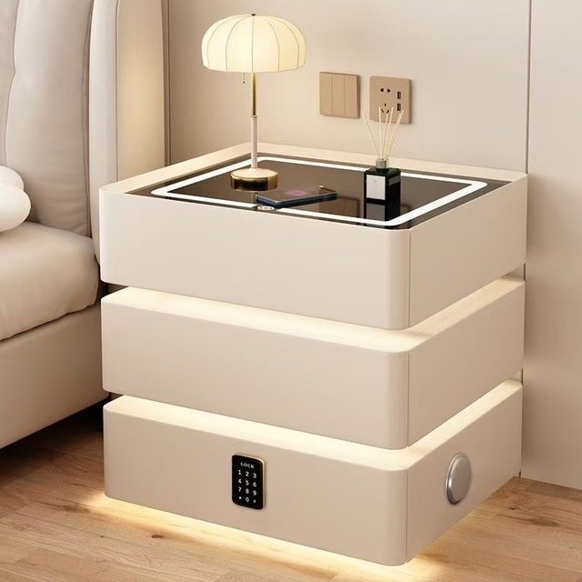 Modern Three-Drawer Bedside Table Wireless Charging USB Interface Bluetooth Speaker LED Light Tempered Glass Top Wood Frame Home