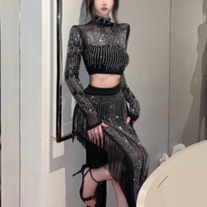 طقم فاخر من قطعتين مع أحجار الراين ذات الإصلاح العاجل + خصر مرتفع غير منتظم تنحنح بدلة تنورة بشراشيب - Product Image 4