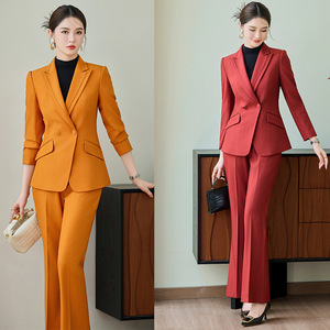Women's Suit Set Polyester Worsted Full Sleeve Anti-Wrinkle Office Lady Autumn Red Orange Color Option - Product Image 1