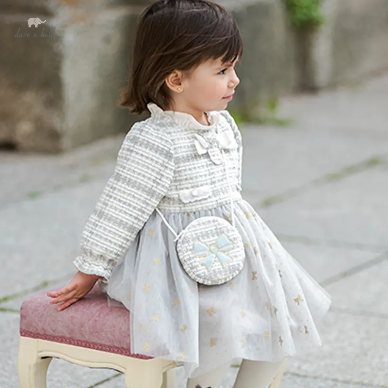 Db3236286 Dave Bella Herfst Kinderen Meisjes Lichtblauw Mode Kant Ronde Hals Casual Katoenen Mesh Prinsessenjurk