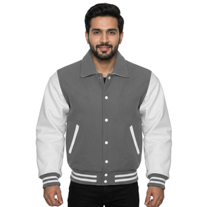New Men's Pro Baseball Varsity <b>Jacket</b> <b>Grey</b> & White Collared All Sizes Good Quality Top Design Customized <b>Jacket</b> - Product Image 1