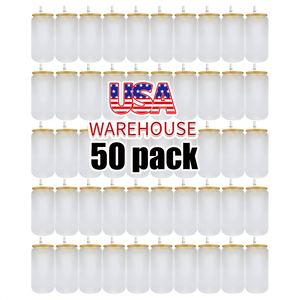 50 packs prêts à être expédiés – Gobelets en verre dépoli transparent de 16 oz vierges pour sublimation avec couvercle en bambou et paille en PP pour boissons glacées en vinyle - Product Image 1