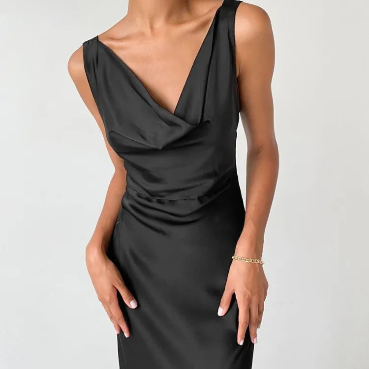 Enyami लालित्य महिलाओं काले साटन औपचारिक पार्टी के कपड़े वि गर्दन बिना आस्तीन सेक्सी Bodycon लिपटी उत्तम दर्जे का लंबी शाम पोशाक