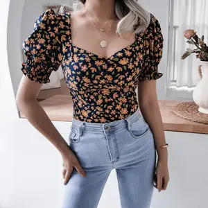 New Casual Summer-Friendly Lantern Sleeve Top Sexy Floral Chiffon Shirt with Flare Sleeve Tassel Decoration Made of Polyamide