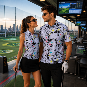 Polos de Golf Personalizados Reciclados para Vacaciones, Eventos Sociales, con Diseño de Salpicaduras de Pintura, Ropa de Golf Casual de Lujo, Polos Dorados para Él y Ella - Product Image 1