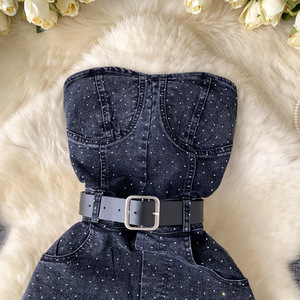 Combinaison sans manches et sans bretelles pour <span class=keywords><strong>femme</strong></span>, en jean, à la mode, avec strass, taille haute, coupe ajustée, Sehe Fashion - Product Image 4