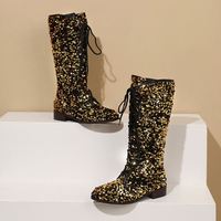 Bottes mi-mollet pour femmes en gros d'usine, automne-hiver 2023, chaussures tendance, paillettes bleues, bout rond, talons bas, bottes pour femmes