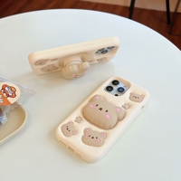 Casing Handphone Silikon Lembut 3D Bentuk Beruang Kopi Kartun Lucu dengan Stand Retractable untuk Iphone 16 Pro 15