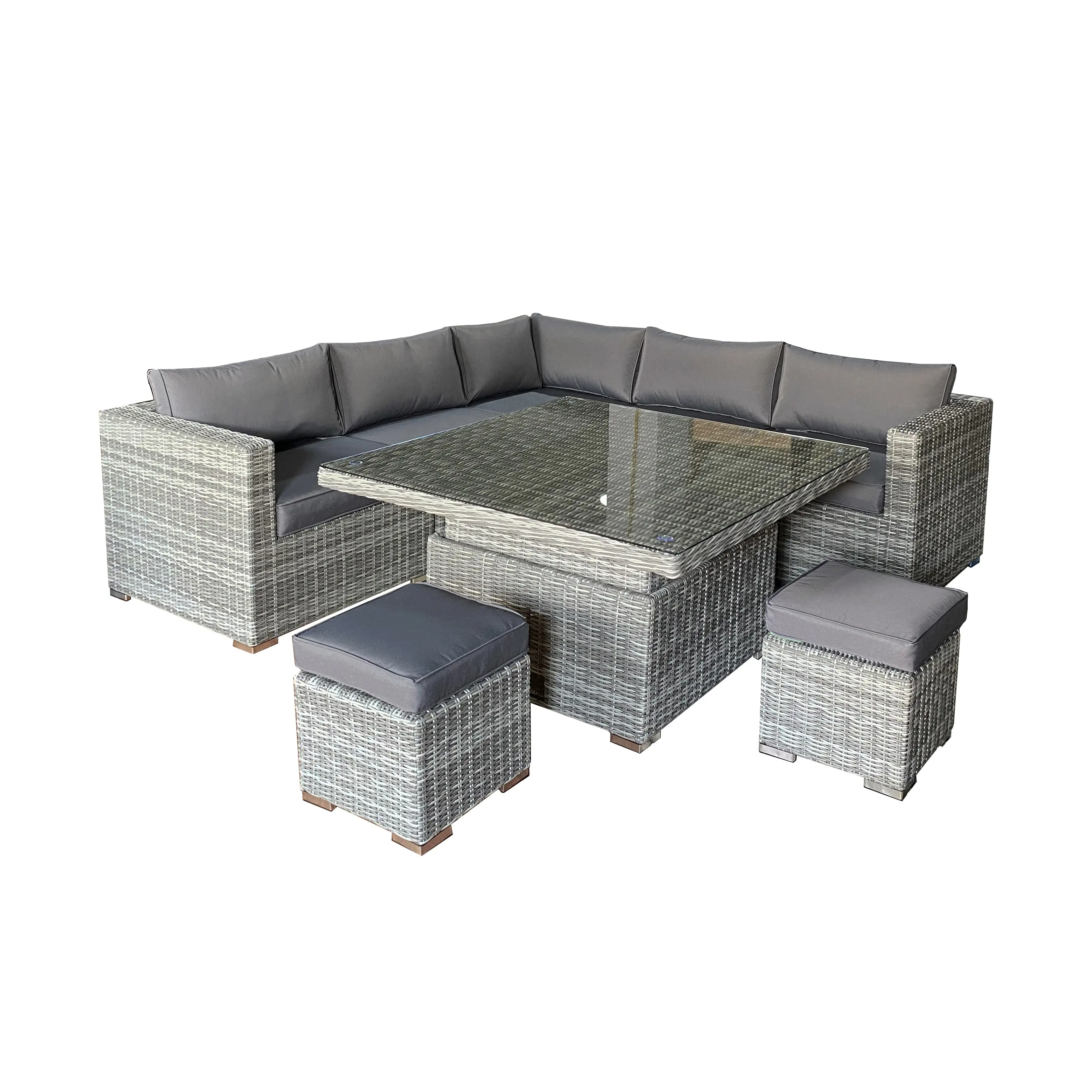 Dark Grey Luxury Rattan Patio Outdoor Garden Furniture Modular 7 Seat Lounge Sofa Set With Square Rising/Liftable Dining Table