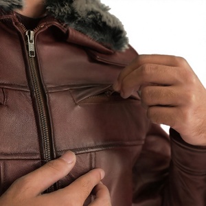 <b>Men's</b> <b>Brown</b> <b>Leather</b> Bomber <b>Jacket</b> with Turn-down Collar Zipper Closure Windproof Winter Outerwear Regular Fit Front Logo - Product Image 5
