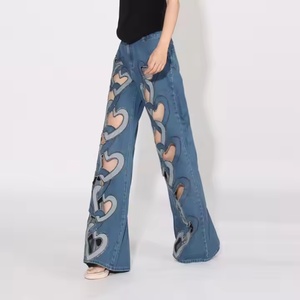 Jean ample taille haute pour femme, style décontracté, patchwork, en denim, avec broderies décoratives, trous brodés, motif dessin animé sexy - Product Image 4