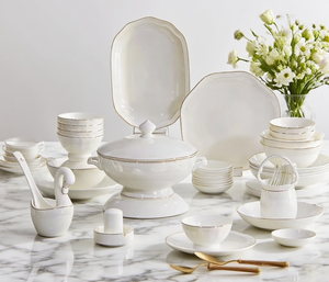 Elegant Gold Trim Bone China <b>Dinnerware</b> Set Sustainable Luxury Tableware Utensils Kit for 8 People Microwave Dishwasher Safe - Product Image 4