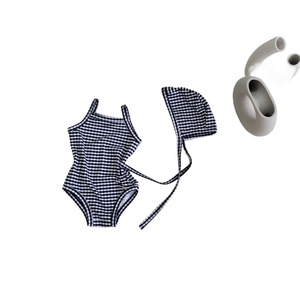 Traje de Baño de una Pieza con Tirantes para Bebés Niñas, Estilo Coreano, con Estampado de Lunares y Cuadros, con Capucha, sin Mangas, Material de Nailon - Product Image 5