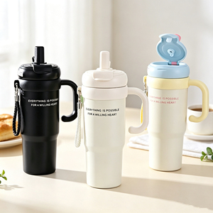 Gobelet isotherme en acier inoxydable de 900 ml avec poignée, sangle et couvercle à paille – Tasse à eau portable pour voiture et voyage - Product Image 1