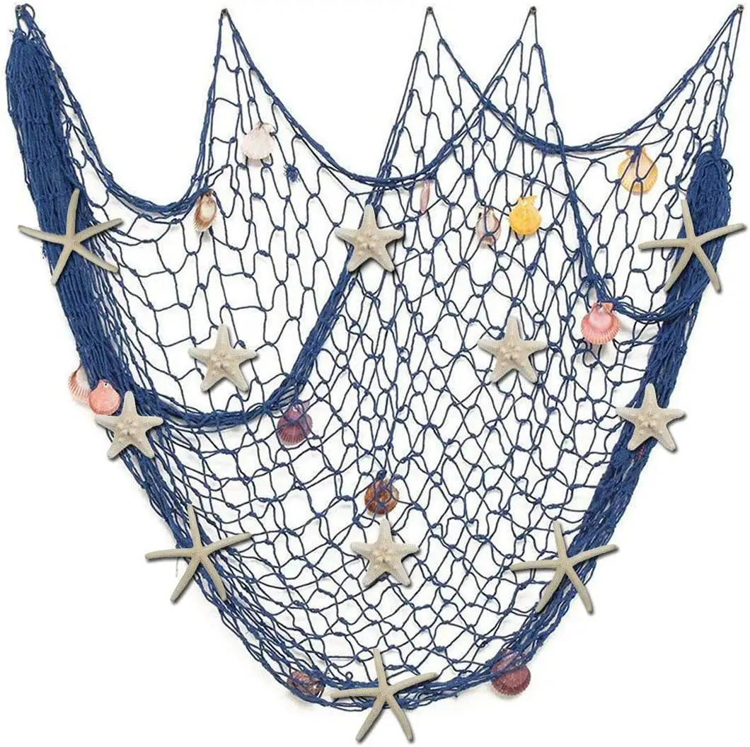 Nature Fish Net Wall Decoration with Colorful Sea Shells Natural Starfish Ocean Themed Mediterranean Style Fishing Net