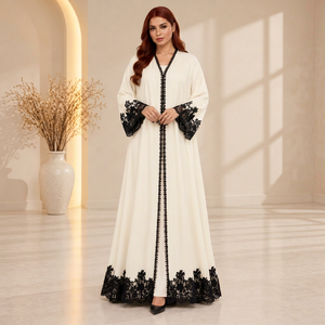 Premium <b>White</b> Abaya <b>Lace</b> Cathedral Sleeve Long Dress Muslim Women Formal Wear Elegant V Neck Floor Length Black <b>Lace</b> Trim Modest - Product Image 1