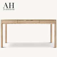 Bureau d'écriture élégant et minimaliste en chêne clair à 1 tiroir avec poignée encastrée en laiton et pieds arrondis pour bureau à domicile, chambre à coucher, personnalisable OEM