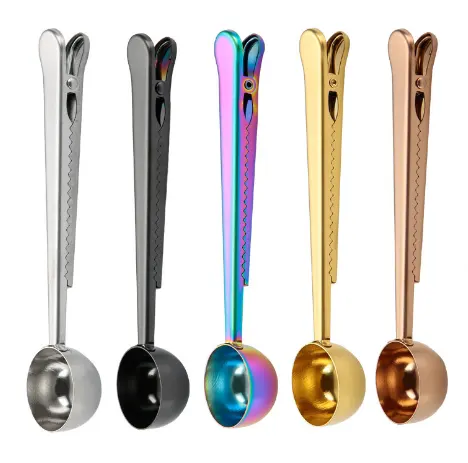 Mini measuring spoon with bag clip for coffee tea metal 2 in 1 stainless steel gold for cooking