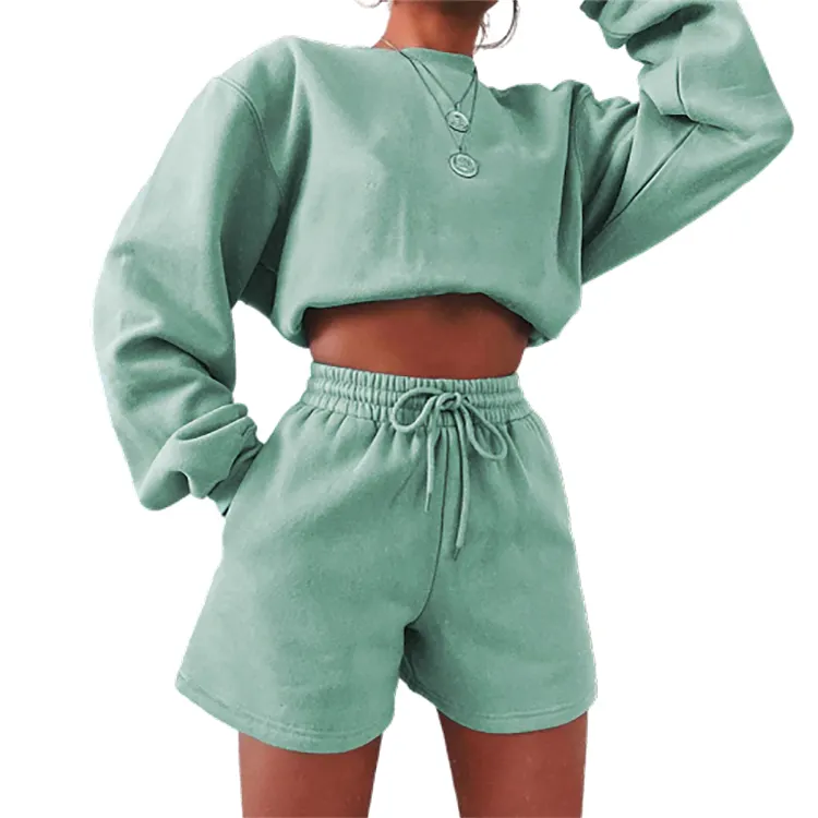 Sweat-shirt à capuche pour femme, Streetwear, couleur unie, assortie, deux pièces, tenue de jogging, court, tendance 2020