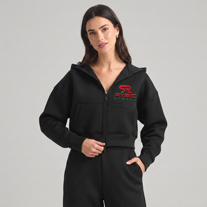 Ensemble de survêtement sportif pour femme RYBIC SPORTS, noir, à capuche, manches longues, couleur unie, fermeture éclair sur le devant, coupe ample, style sportif, automne, pour adulte - Product Image 1