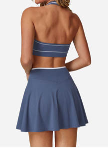 高品质拉绒性感挂脖高尔夫裙套装拼色V腰女式健身运动网球服带短裤 - Product Image 2