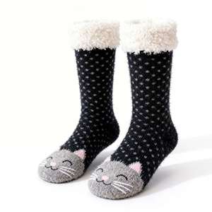Chaussettes thermiques en jacquard nordique à rayures contrastées pour hommes et femmes, avec doublure en velours et polaire d'agneau, antidérapantes avec grip en silicone, pour la neige et la maison - Product Image 5