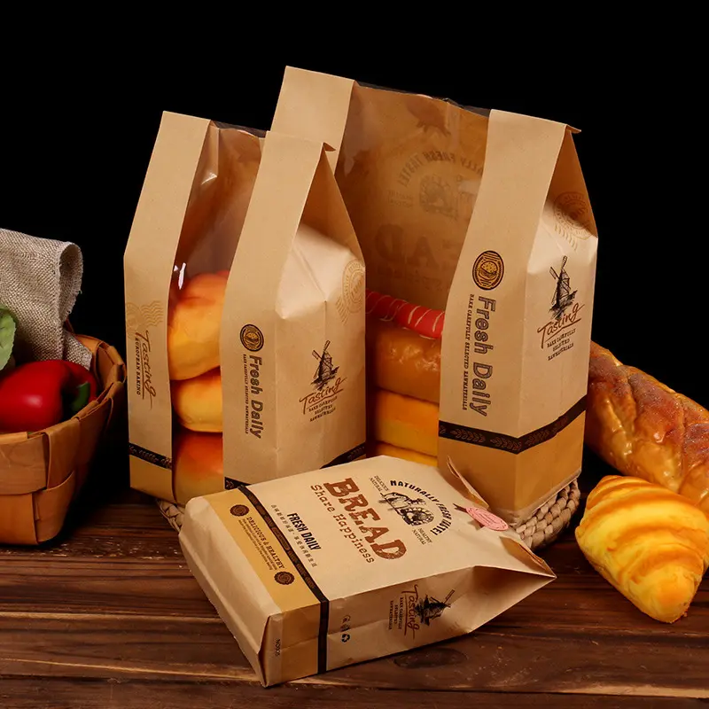 Embalaje de panadería de grado alimenticio ecológico, bolsa de pan de papel Kraft marrón con ventana transparente, venta al por mayor