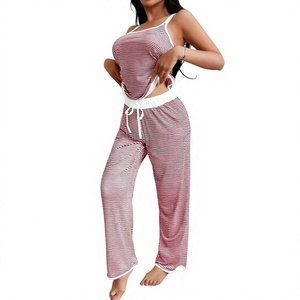 Women's Striped Lounge <b>Set</b> <b>Square</b> Collar Sleeveless Top Drawstring Pants Casual Summer Wear Soft Knitted Polyester/Cotton Fit - Product Image 1