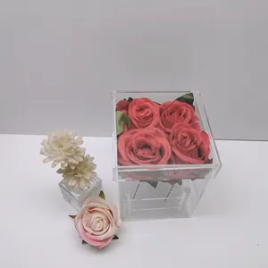 Chinese Factory Clear Preserved Rose Flower Vase 4 Hole Acrylic Box Rose Acrylic Flower Boxes