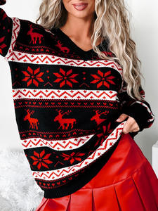 Maglione da donna con scollo a V nero di natale maglieria ampia con modello di renna rossa a cartoni animati maglione Casual invernale con Logo anteriore - Product Image 2