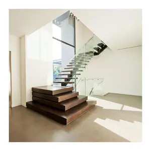 Escadas de madeira profissionais design moderno aço carbono mono stringer com grelha de vidro