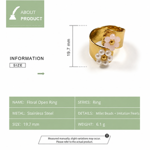 Anillo Abierto Floral de Acero Inoxidable con Cuentas de Mijo Rosa y Racimo de Perlas de Imitación, Banda Ajustable en Color Dorado - Product Image 5