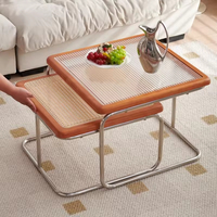 Table basse en rotin style vintage durable Wabi-sabi, luxe léger japonais, pour petit appartement, avec plateau en verre