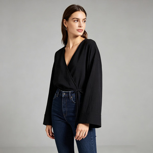 Chemisier noir à col en V pour femme, coupe carrée, manches longues, ceinturé, tissé, décontracté, pour le printemps - Product Image 2