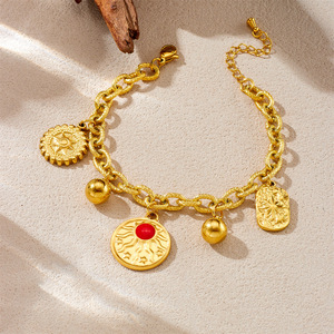 European American Style Retro Sun Pendant Stainless Steel Jewelry <b>Set</b> Women's Necklace <b>Bracelet</b> Party Fashion Gold Tone Two - Product Image 2