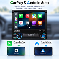 Lecteur MP5 rétractable électrique 7 pouces Single DIN 1024x600 avec CarPlay sans fil, Android Auto, radio FM, Bluetooth, kit mains libres pour voiture