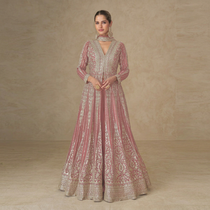 ชุดเดรส Anarkali สีชมพูปักลายหนัก ผ้าไหมชินนอน ชุดสัลวาร์ คามีซ สำหรับงานแต่งงานและงานเลี้ยงสำหรับผู้หญิง - Product Image 1